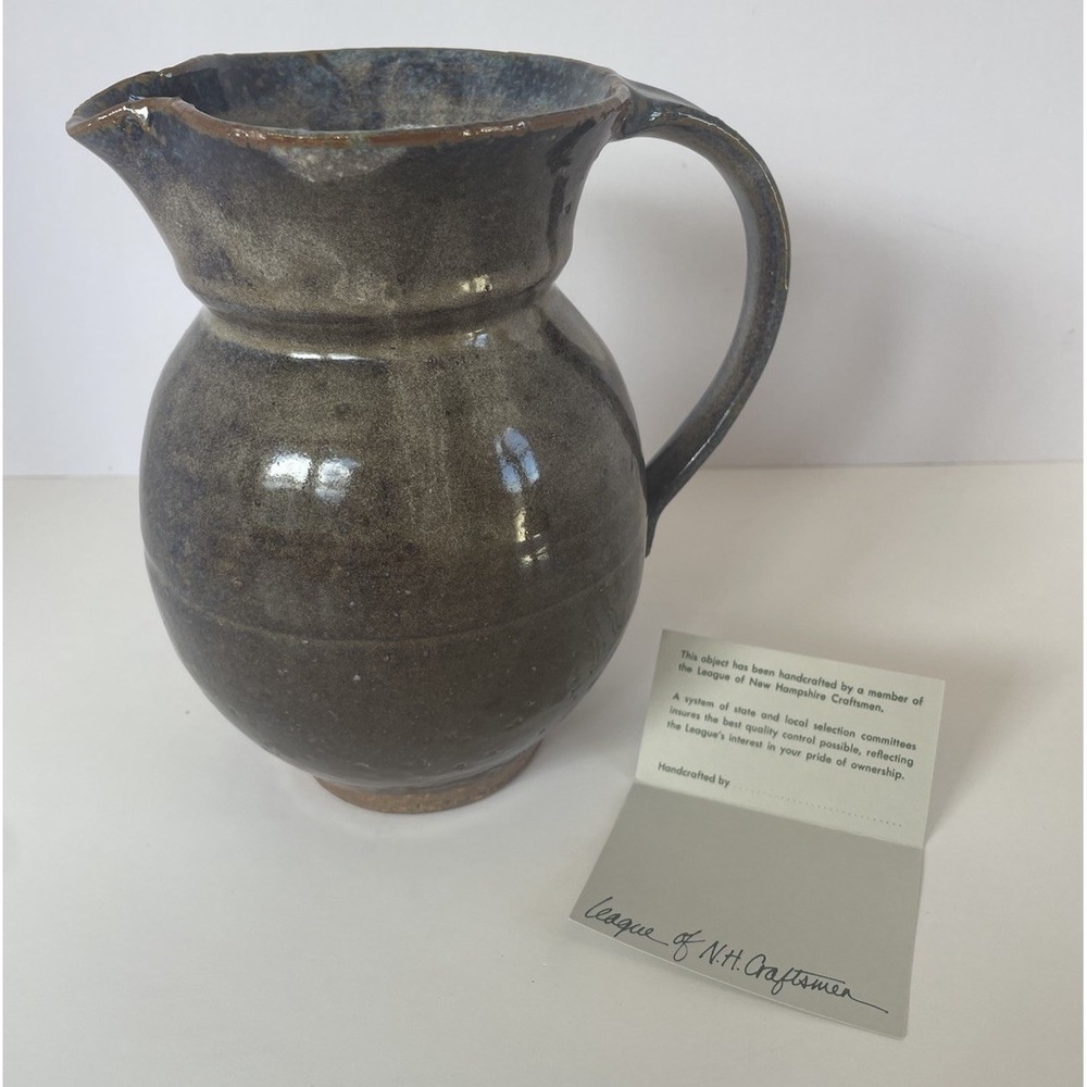 Vintage Studio Pottery Pitcher League Of NH Craftsman Hand Thrown Blue Glaze